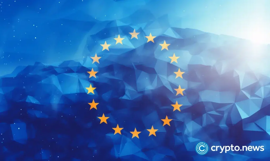 crypto news European Union Flag blockchain world background bright tones low poly style02