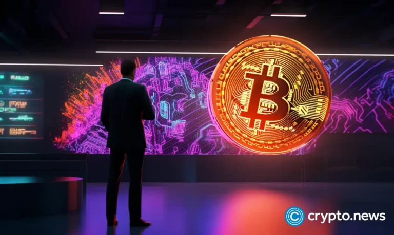 crypto news a man in business suit standing and sees on the Bitcoin Sothebys neon colors realism 4k style02
