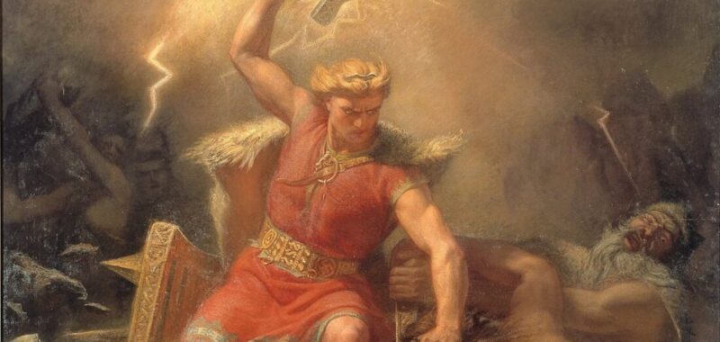 Painting of the Norse god Thor. He grapples with a giant and holds a hammer above his head, surrounded by lightning